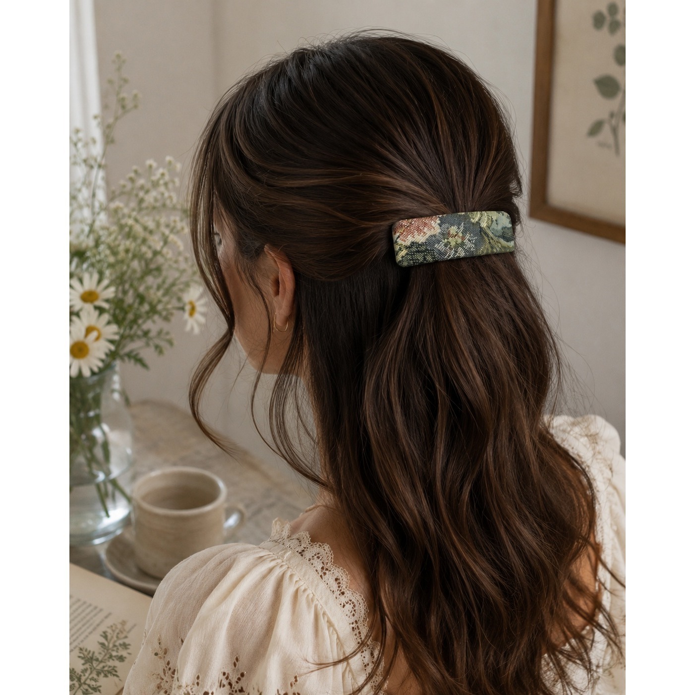 Vintage Floral Tapestry Hair Barrette Fabric Covered Cottagecore French Clip